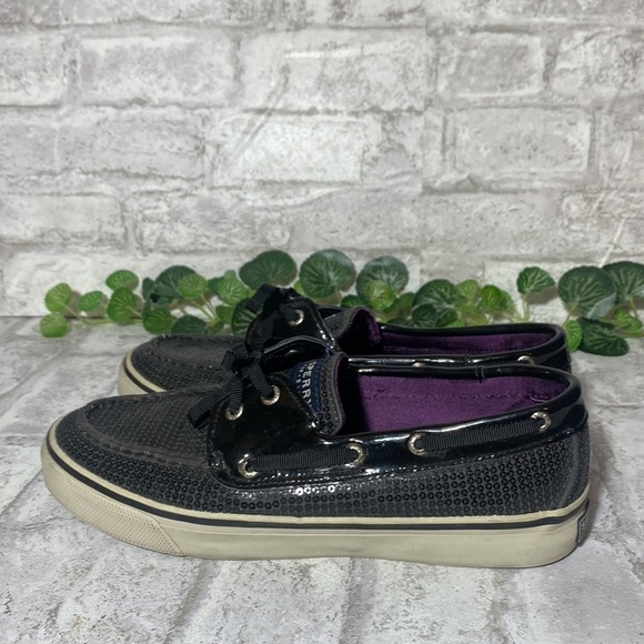 Sperry Topsider Black Sequins Shiny Black Trim‎ Purple Insole Women’s 7M - Picture 3 of 10